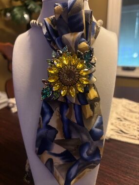 Silk Scarf Necklace with Yellow Sunflower Brooch